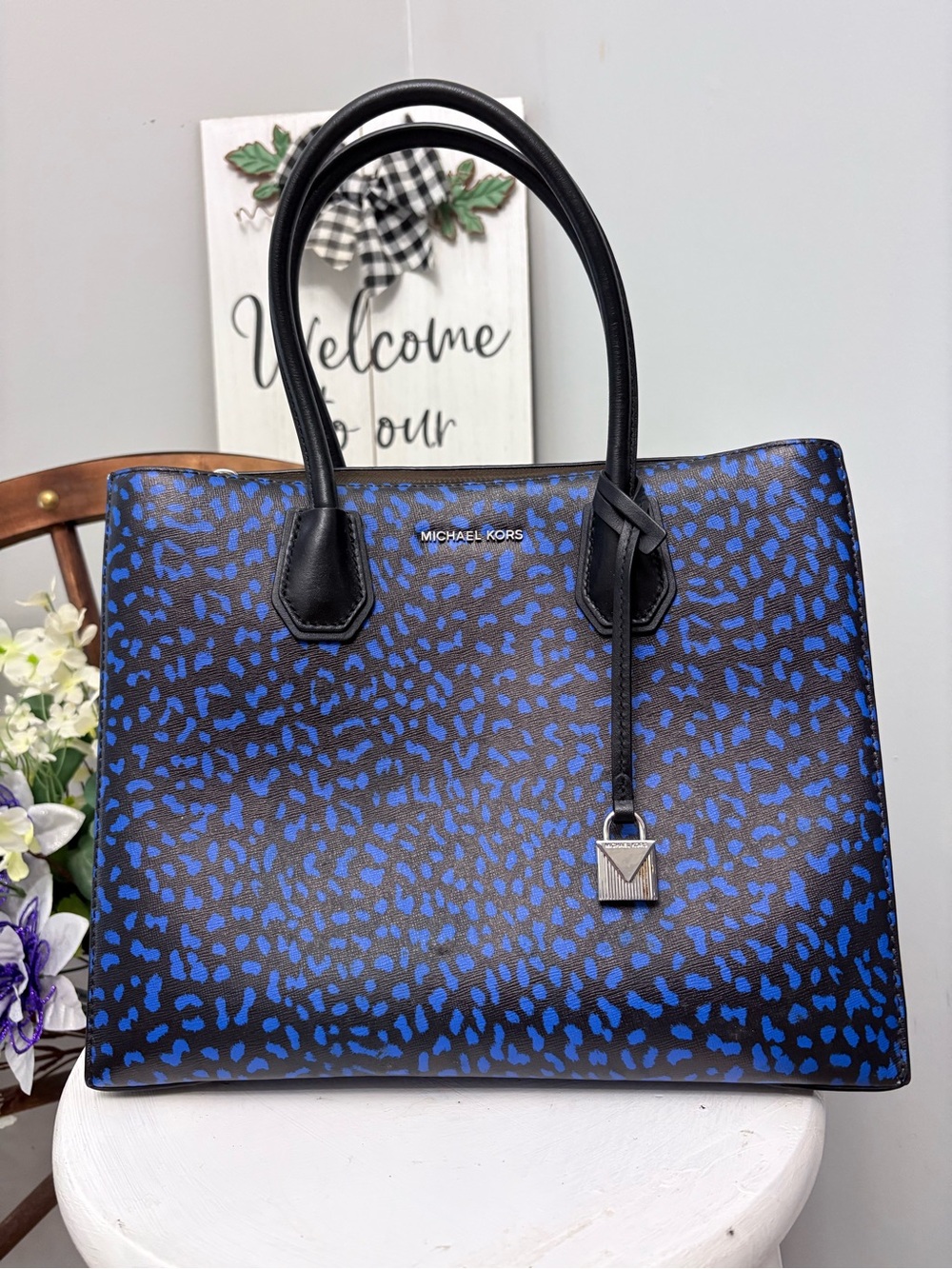💙 MICHAEL KORS Black & Blue Leopard-Print Tote